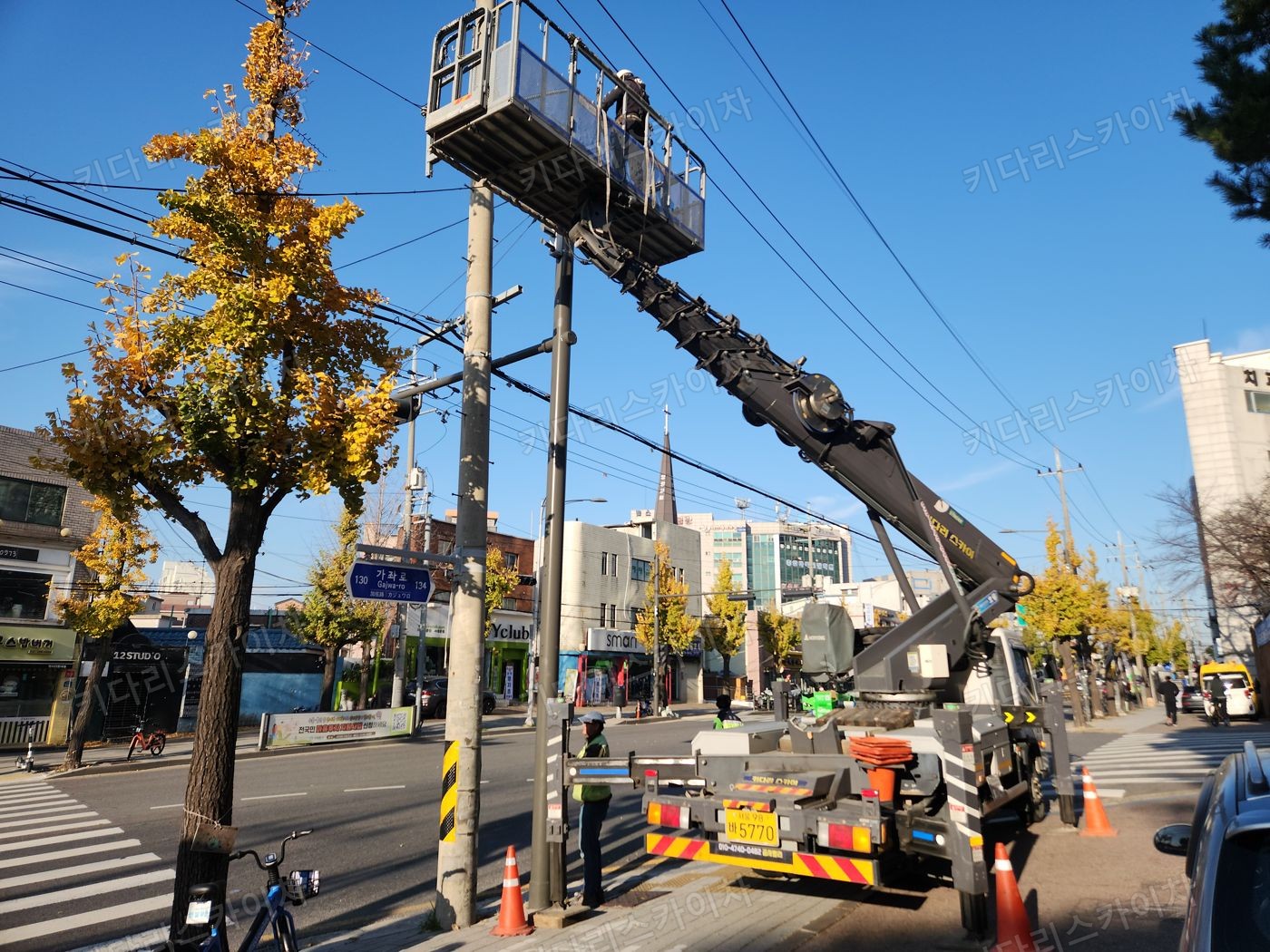 수목 주변 도로의 스카이차 배치